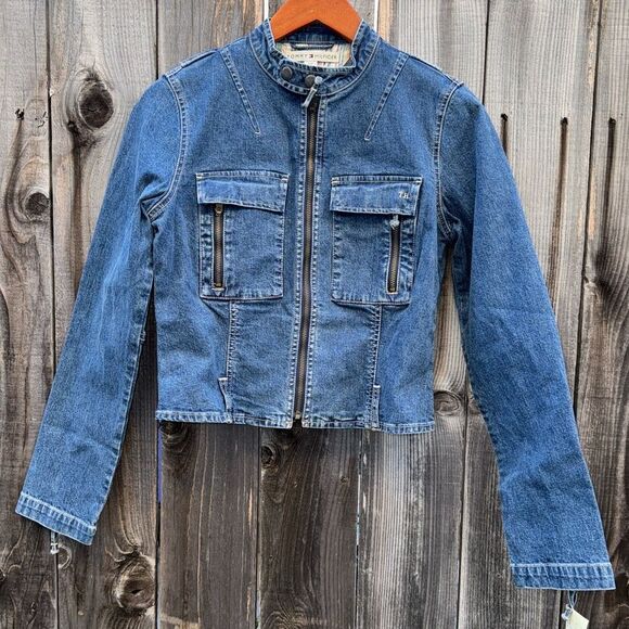 VTG Tommy Hilfiger Denim Jacket Blue Stretch Denim Full Zip Up Size S/P - Picture 1 of 11